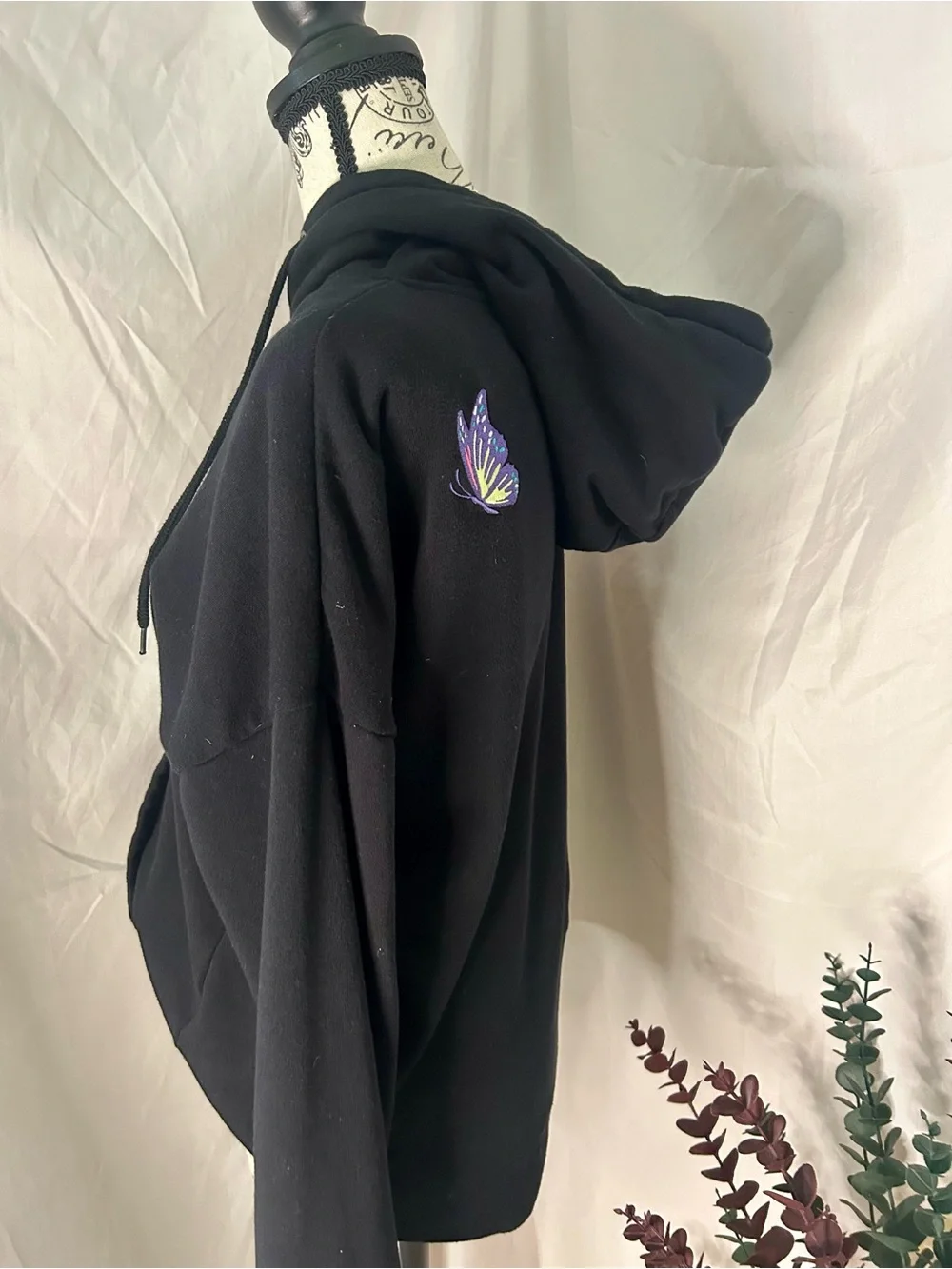 Women's Black Pullover Hoodie with Colorful Butterfly Accents